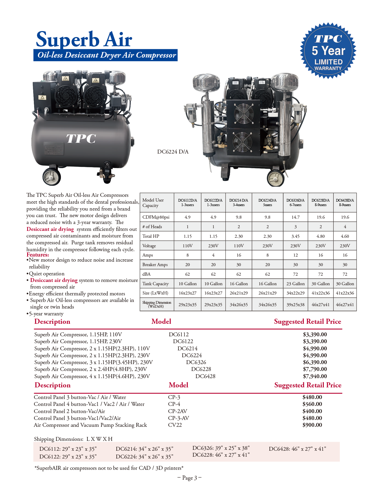 TPC SuperbAIR DC6000 Oil-less Air Compressors manufacturer specifications and options